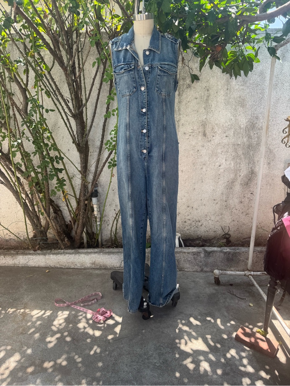 Zara Denim Sleeveless Button-Front Overalls - Medium Blue